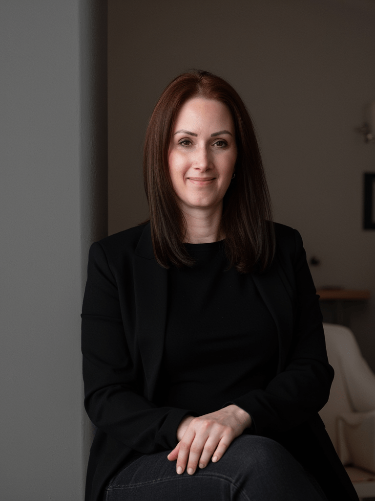 Anja Müller, sitzend, lächelt in Kamera